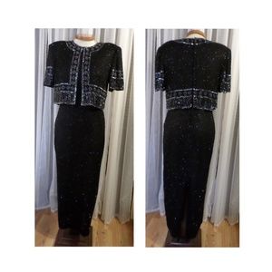 Lady Long Formal Dress Black Silk Beads Sequin PXL